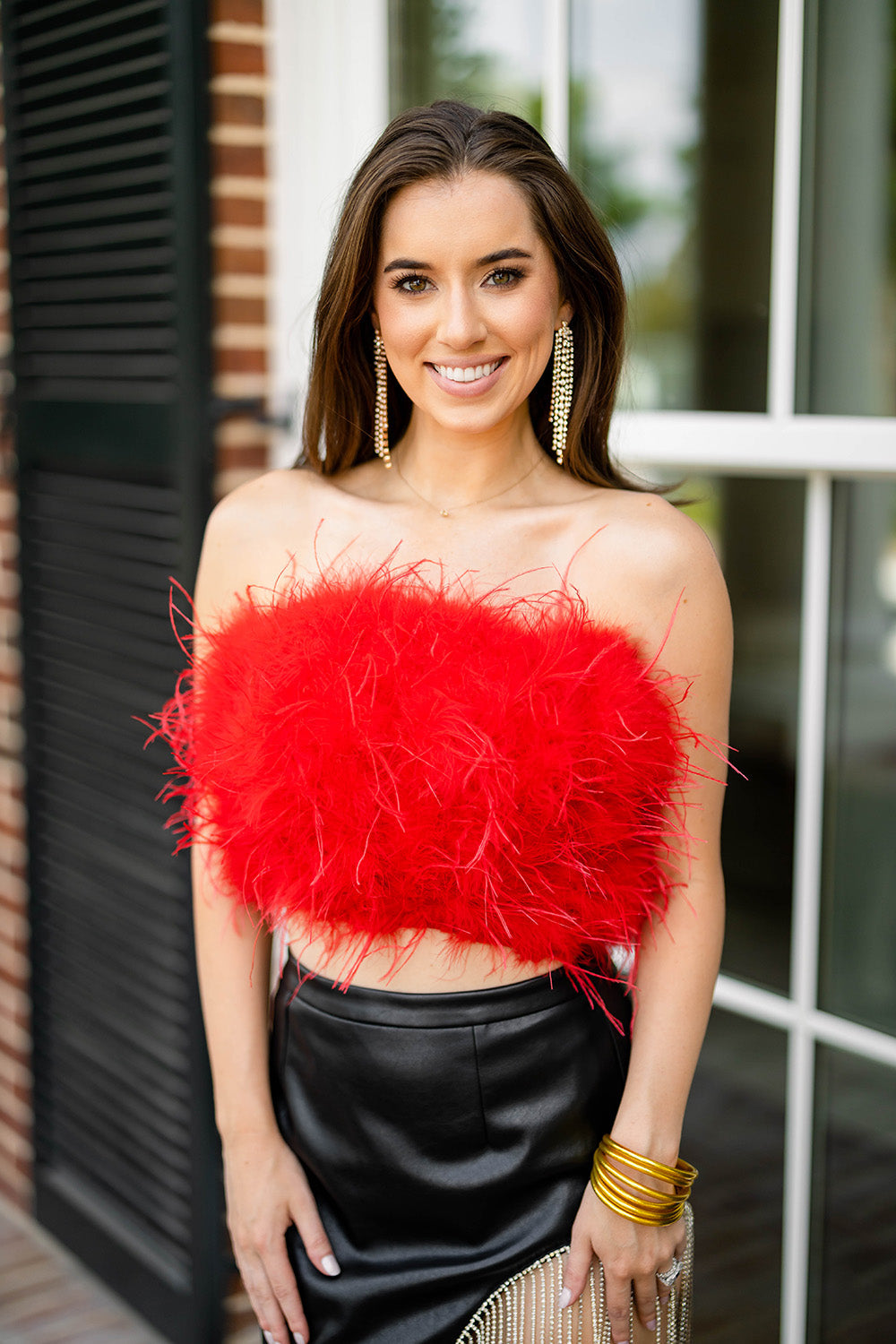 Fancy Strapless Feather Crop Top - Crimson