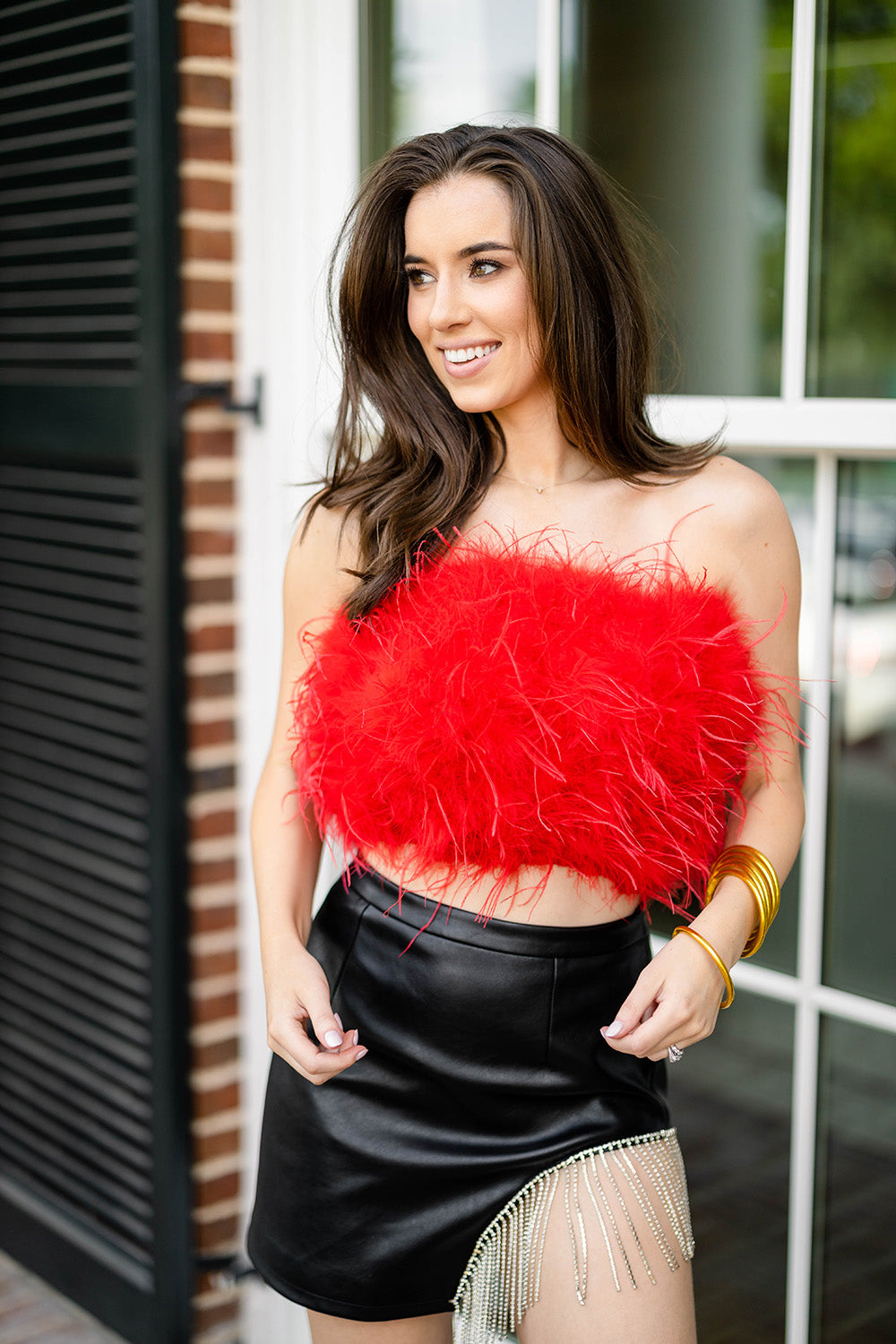 Fancy Strapless Feather Crop Top - Crimson