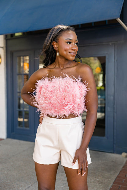 Fancy Strapless Feather Crop Top - Rose Gold