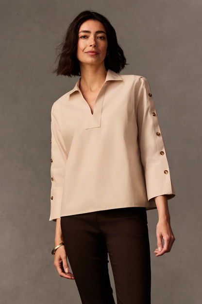 Women’s Foxcroft Lainey No Iron Pinpoint 3/4 Button Sleeve Shirt Light Khaki 