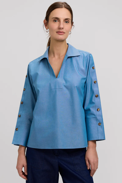 Women’s Foxcroft Lainey No Iron Pinpoint 3/4 Button Sleeve Shirt Soft Indigo Blue