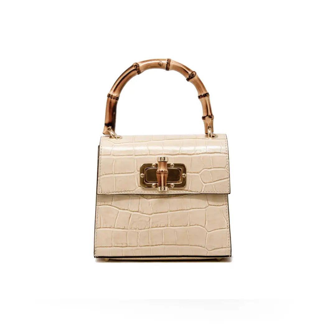Beige handbag with gold accents Genuine Italian Leather Bamboo Handle Bag