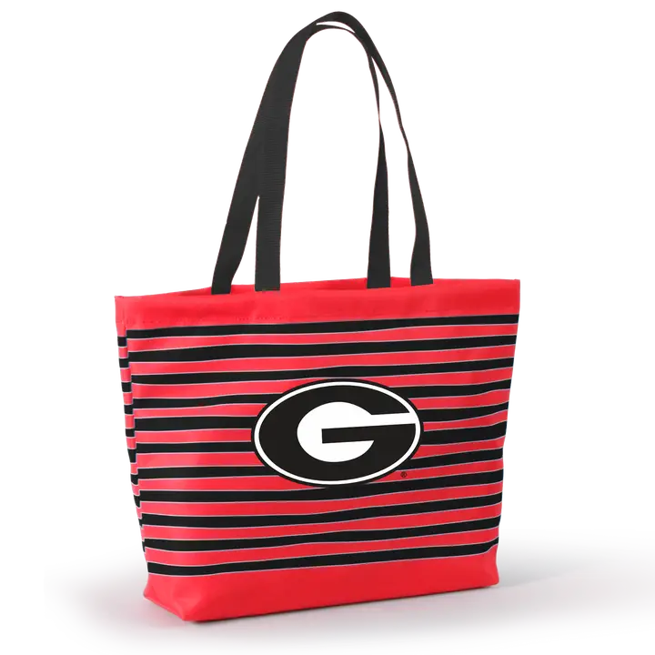 Georgia Tatum Tote Wavy Striped Tote  red and black horizontally striped tote bag with black shoulder straps, featuring a large black and white Georgia Football &