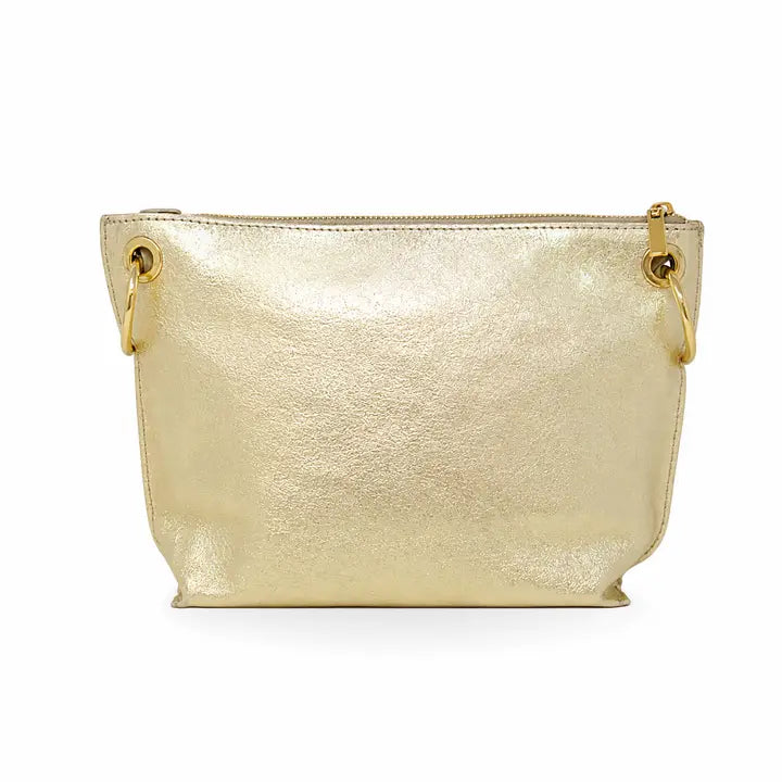 A metallic gold pouch bag with a top zipper closure and gold-tone hardware German Fuentes Handbag Gold Genuine Italian Leather Crossbody Bag New Version