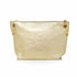 A metallic gold pouch bag with a top zipper closure and gold-tone hardware German Fuentes Handbag Gold Genuine Italian Leather Crossbody Bag New Version