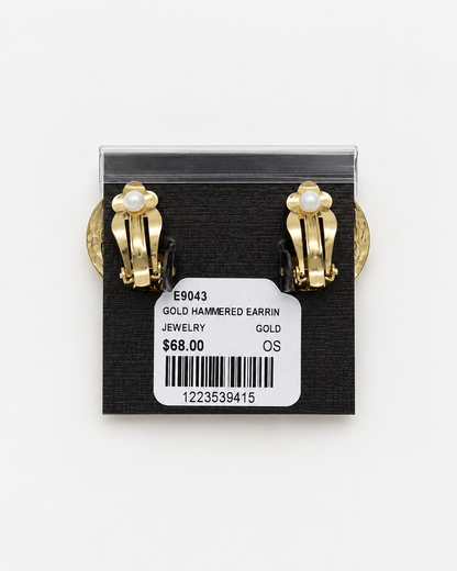 Gold Hammered Clip-on Earring pair of chunky gold disc drop earrings with a hammered texture.