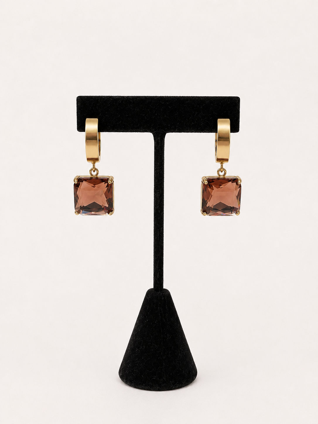 Gold Purple Square Drop Earrings pair of gold hoop earrings with square, faceted dusty rose pink gemstones