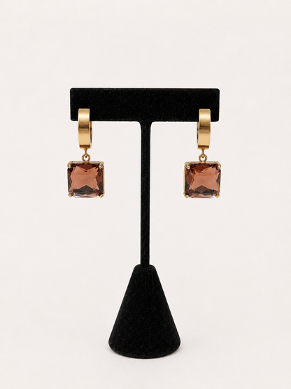 Gold Purple Square Drop Earrings pair of gold hoop earrings with square, faceted dusty rose pink gemstones