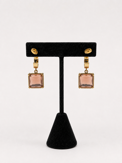 Gold Purple Square Drop Earrings pair of gold hoop earrings with square, faceted dusty rose pink gemstones