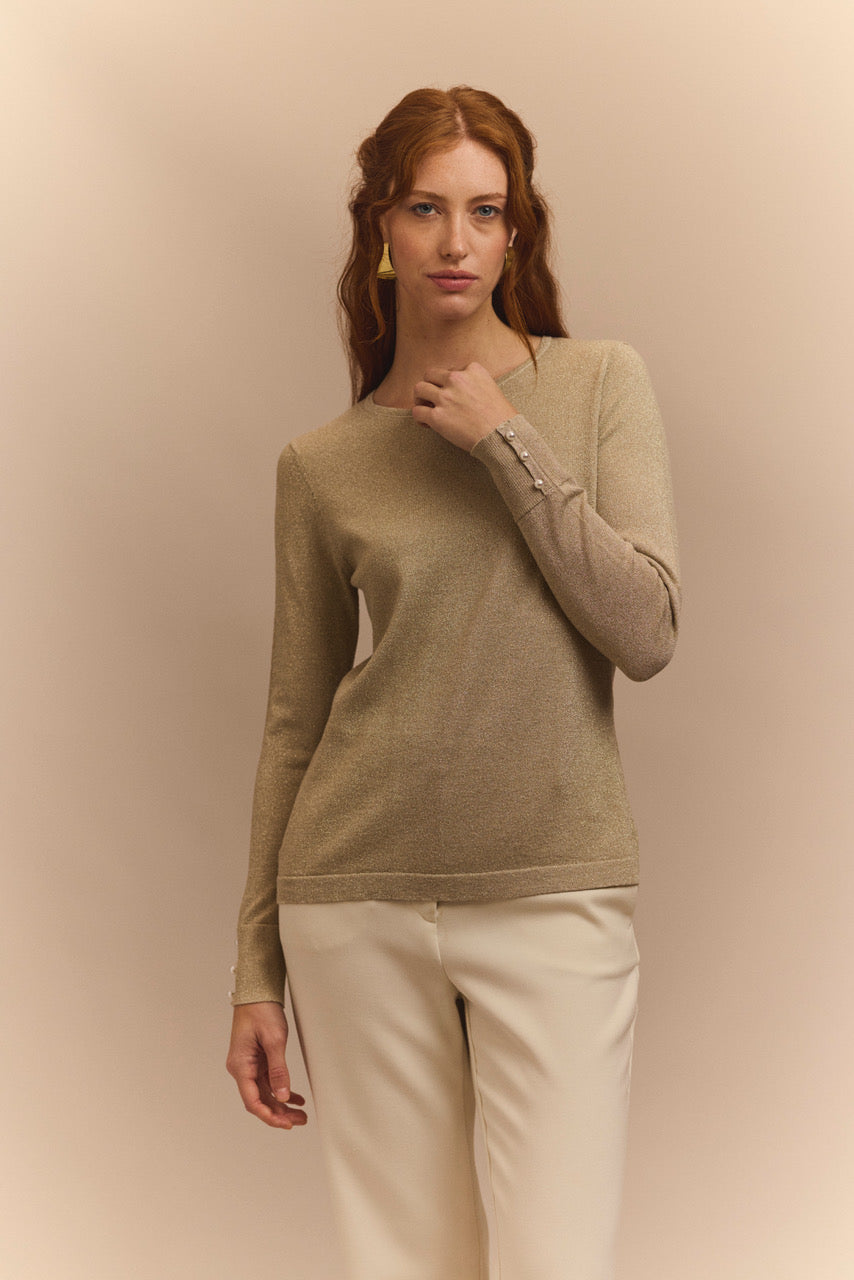 The H Edition | Long Sleeve Gold Shimmer Crew Neck with Pearl Buttons on the Cuffs