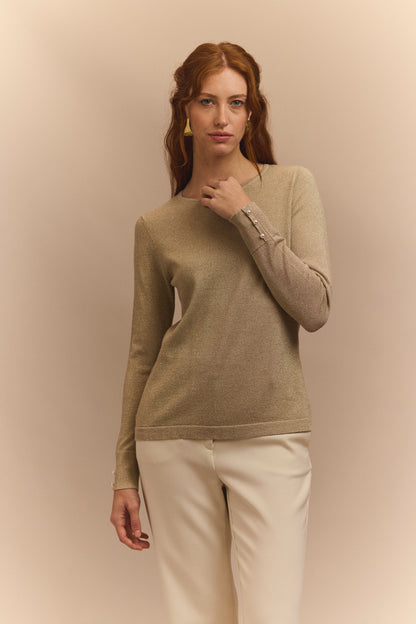 The H Edition | Long Sleeve Gold Shimmer Crew Neck with Pearl Buttons on the Cuffs