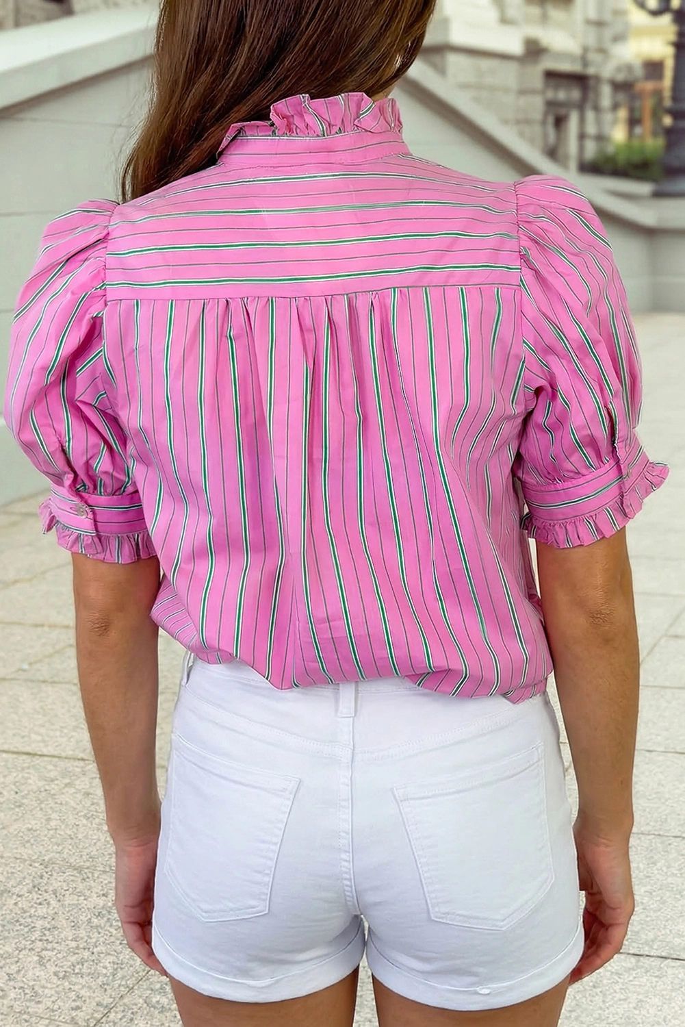 Women’s Half Button Ruffle Trim Short Puff Sleeve  Blouse in Pink with green stripes