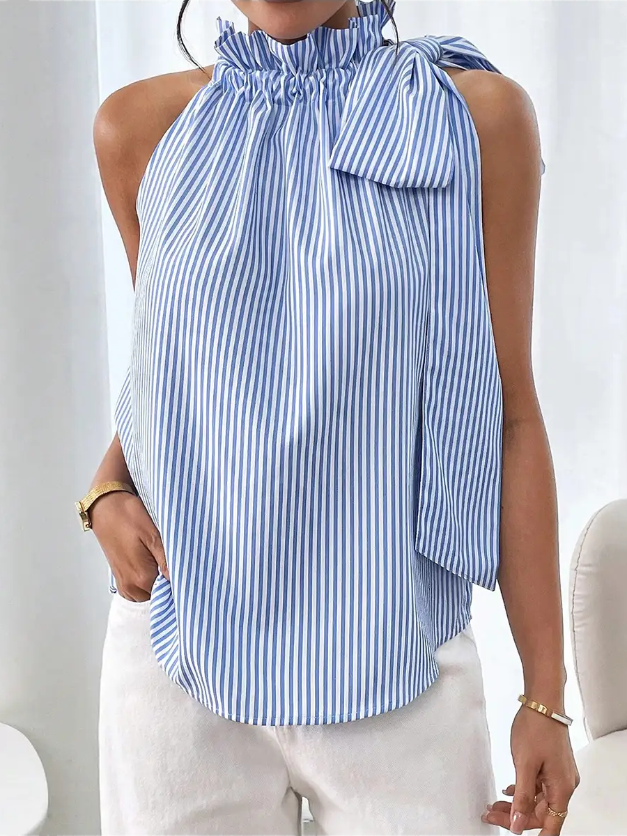Women’s High-Neck Bow-Tied Sleeveless Shirt blue and white striped sleeveless top with a bow detail