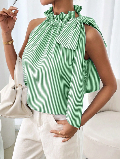 Women’s High-Neck Bow-Tied Sleeveless Shirt green and white striped sleeveless top with a bow detail