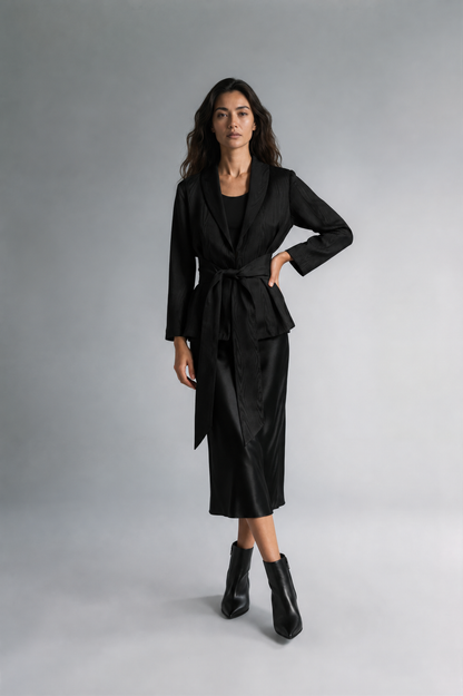 A woman modeling a black satin-like wrap coat J&