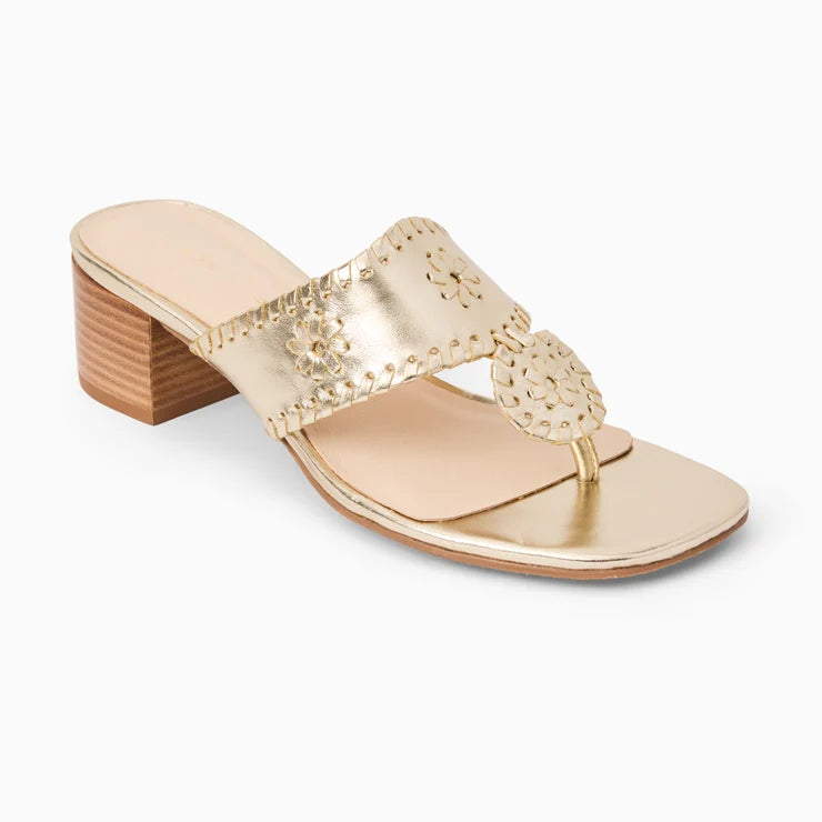 Jack rogers Jacks City Heel Metallic Platinum  metallic gold flat sandal with a block heel, featuring decorative cutout floral details on the strap and toe loop