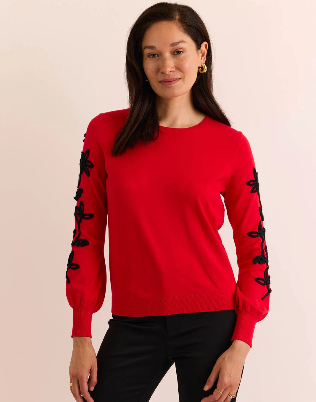 Kannon Long Sleeve Embroidered Sweater Scarlet red