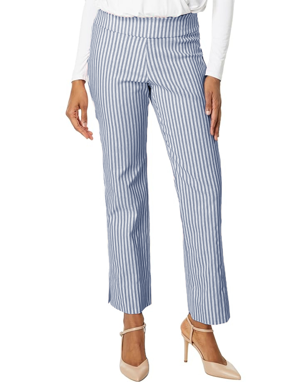 Krazy Larry | Pull-On Stripe Flared Ankle Pant - Linen Stripe Indigo