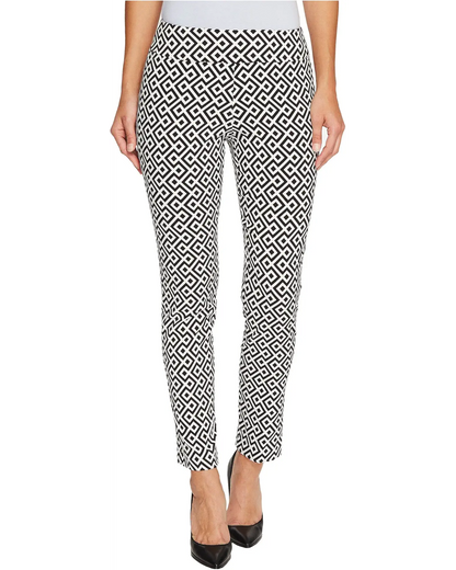 Black and white geometric patterned pants worn by a person on a white background
