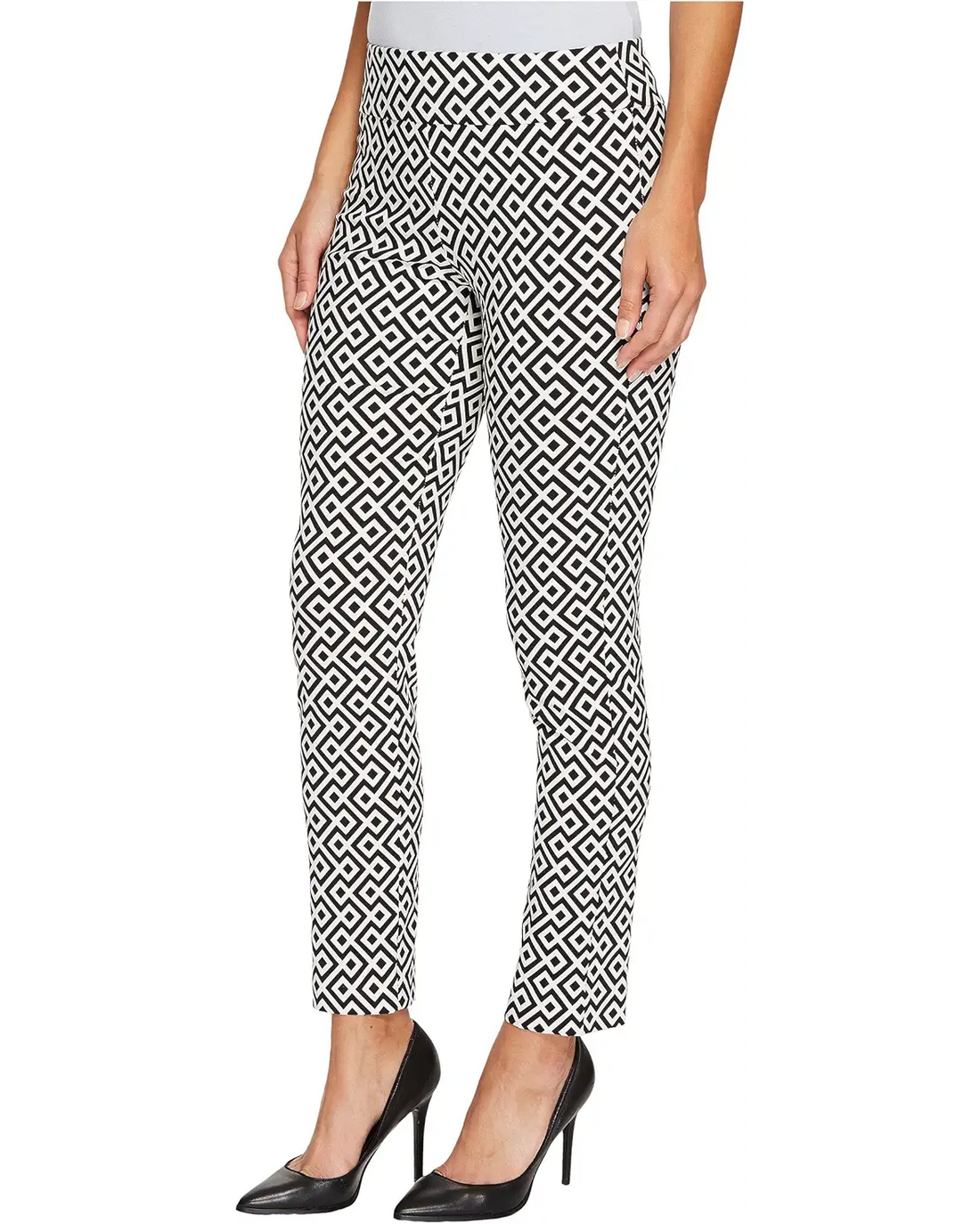 Black and white geometric patterned pants on a white background