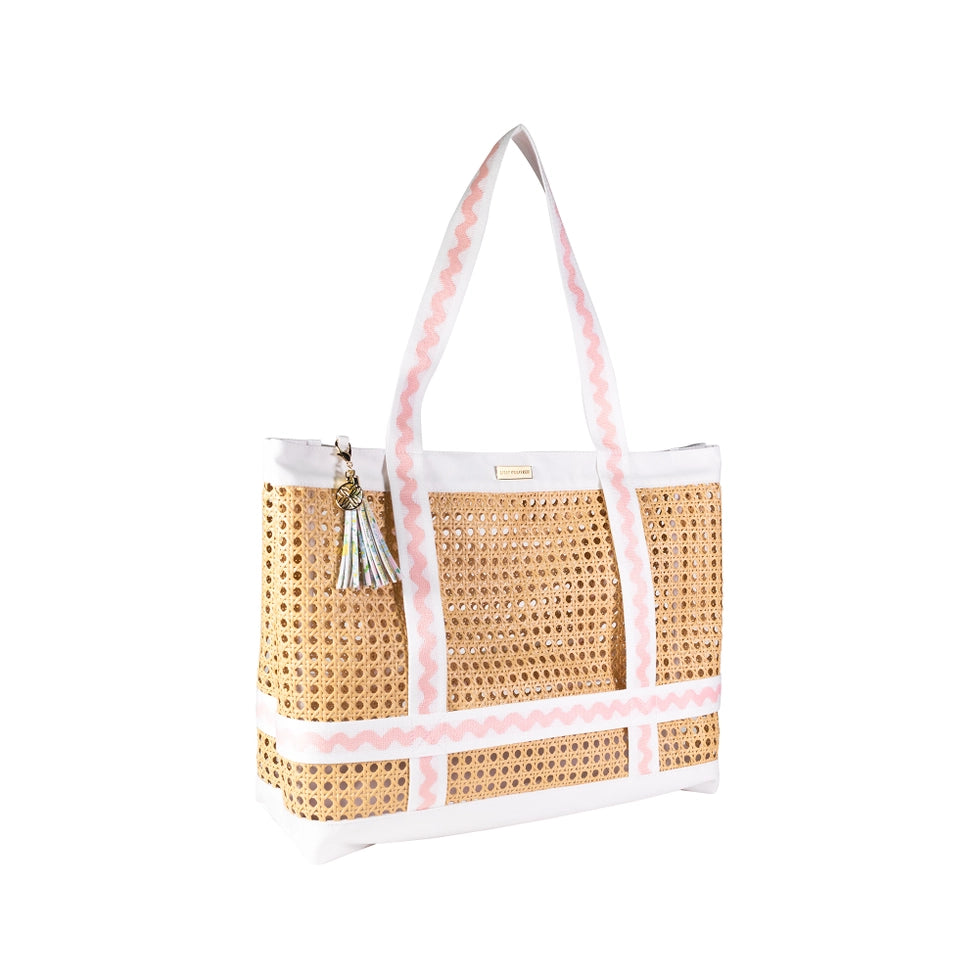 Woven tote Lifeguard Press Beach Hat Tote, Lilly Garden Home bag with pink straps 