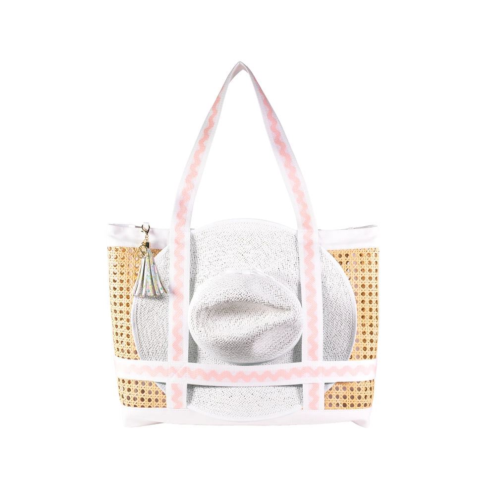 Woven tote Lifeguard Press Beach Hat Tote, Lilly Garden Home bag with pink straps 