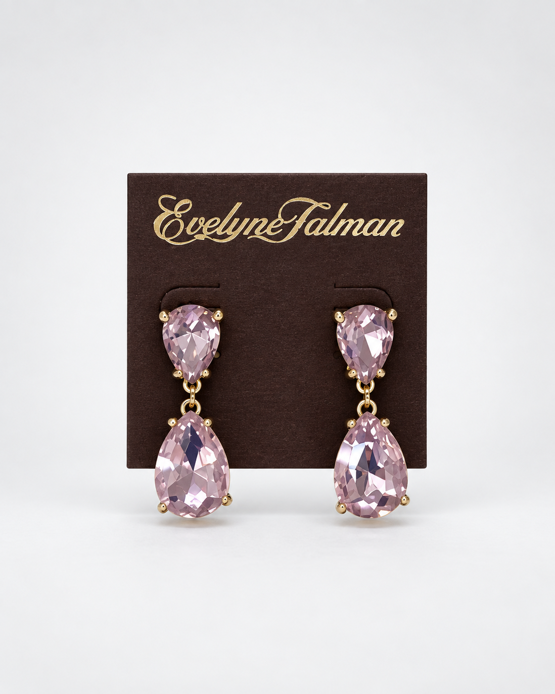 A pair of drop earrings with faceted light pink teardrop gemstones in gold-tone settings, Light Pink Double Drop Tear Drop Pear Earrings