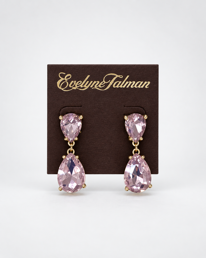 A pair of drop earrings with faceted light pink teardrop gemstones in gold-tone settings, Light Pink Double Drop Tear Drop Pear Earrings