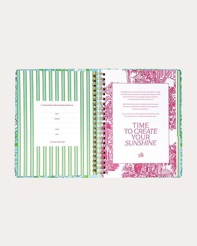 Lilly Pulitzer 2026-2027 17 Month Jumbo Agenda Spiral-bound planner with a decorative cover featuring sea shells and fish in the Color Day Dream Blue Throw Me A Line