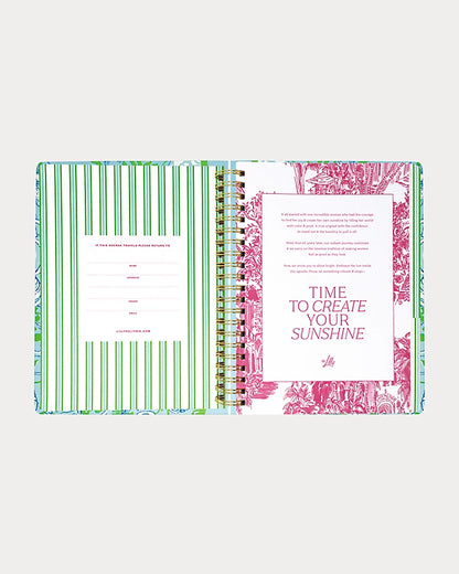 Lilly Pulitzer 2026-2027 17 Month Jumbo Agenda Spiral-bound planner with a decorative cover featuring sea shells and fish in the Color Day Dream Blue Throw Me A Line