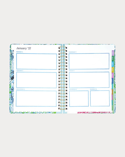 Lilly Pulitzer 2026-2027 17 Month Jumbo Agenda Spiral-bound planner with a decorative cover featuring sea shells and fish in the Color Day Dream Blue Throw Me A Line