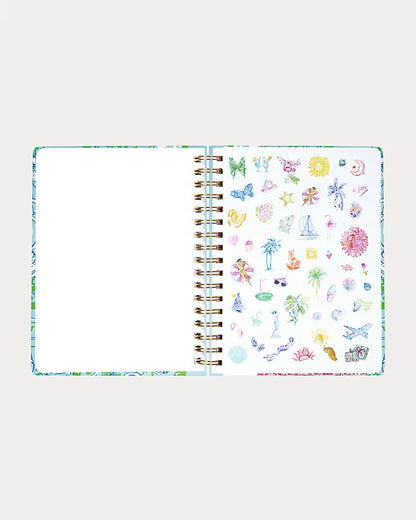 Lilly Pulitzer 2026-2027 17 Month Jumbo Agenda Spiral-bound planner with a decorative cover featuring sea shells and fish in the Color Day Dream Blue Throw Me A Line