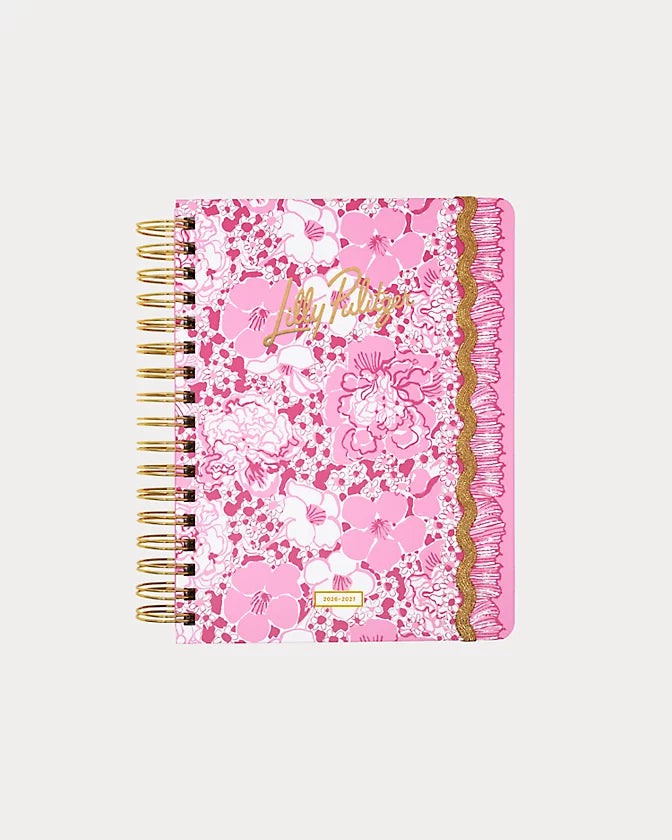 Pink floral Lilly Pulitzer 2026-2027 17 Month Large Agenda  Color in Conch Shell Pink Burst Of Joy
