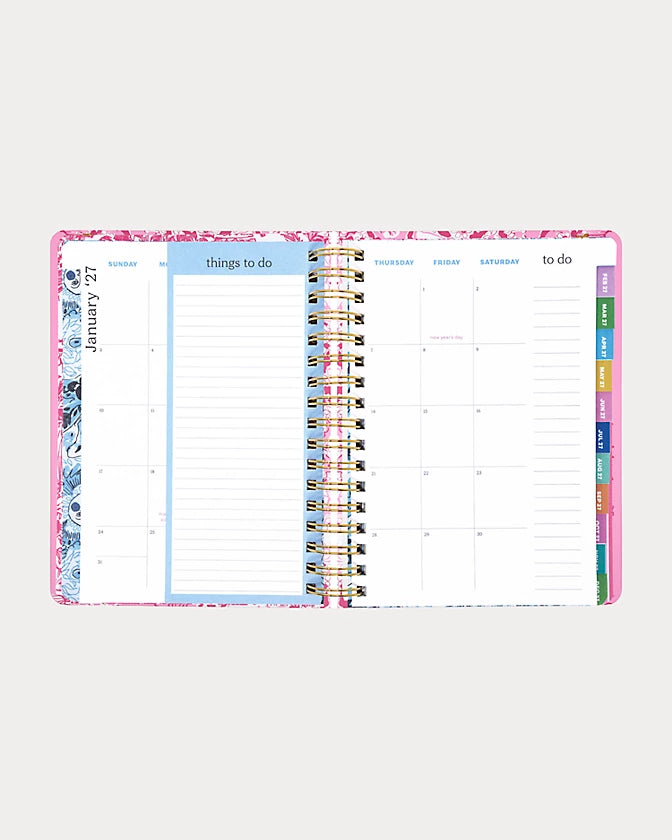 Pink floral Lilly Pulitzer 2026-2027 17 Month Large Agenda  Color in Conch Shell Pink Burst Of Joy