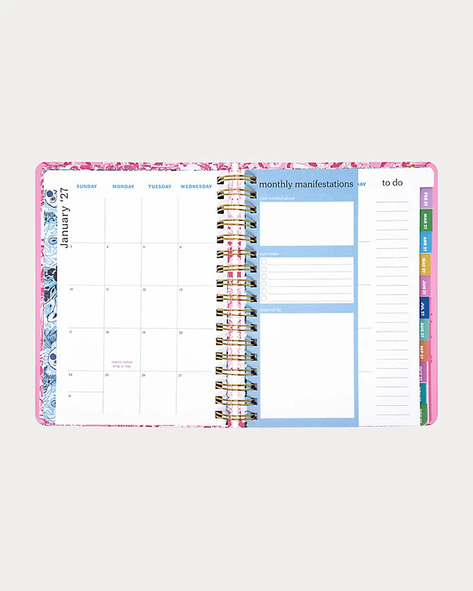 Pink floral Lilly Pulitzer 2026-2027 17 Month Large Agenda  Color in Conch Shell Pink Burst Of Joy