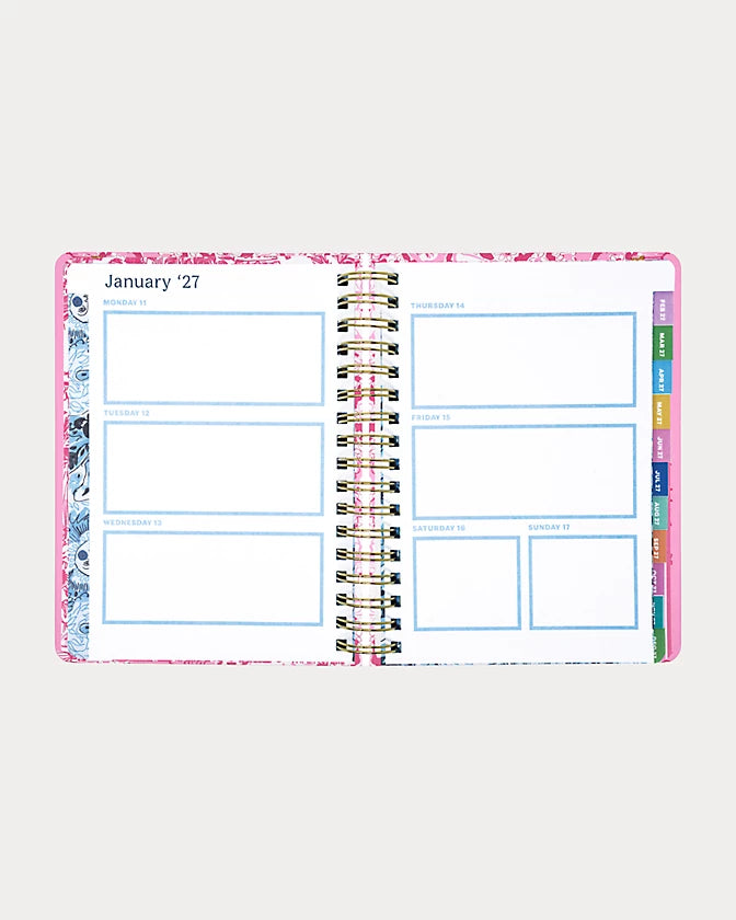 Pink floral Lilly Pulitzer 2026-2027 17 Month Large Agenda  Color in Conch Shell Pink Burst Of Joy