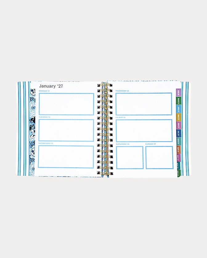 Navy blue Lilly Pulitzer 2026-2027 17 Month Leatherette Agenda with white shell patterns in Resort White Shell Shine