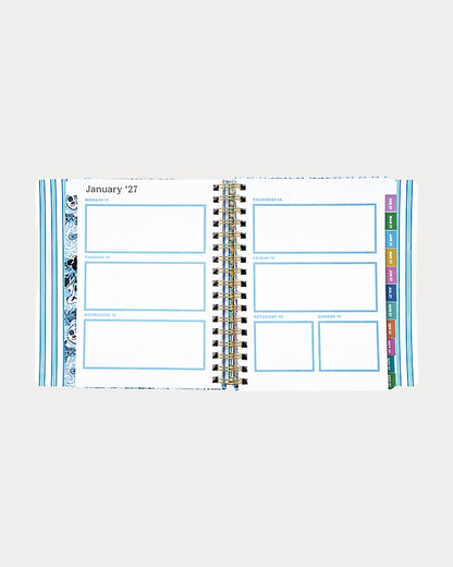 Navy blue Lilly Pulitzer 2026-2027 17 Month Leatherette Agenda with white shell patterns in Resort White Shell Shine