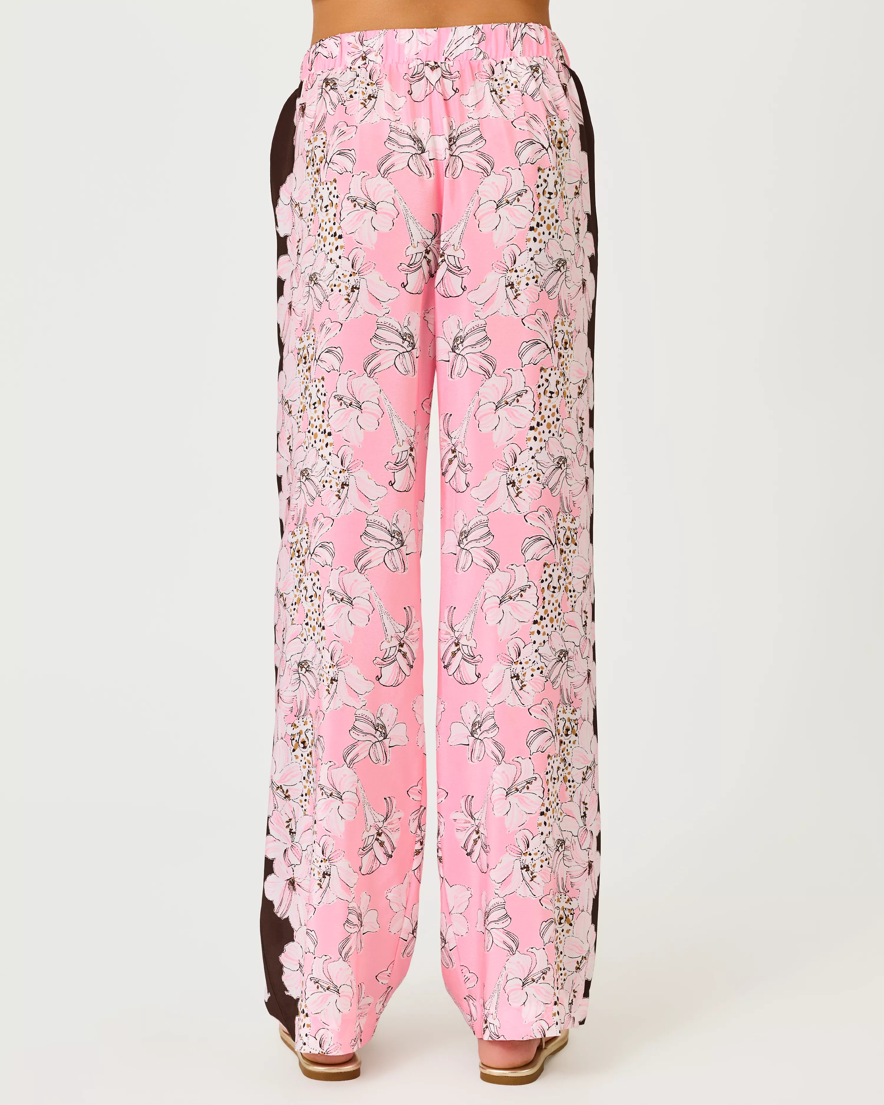 Lilly Pulitzer 32" Vianna Silk Palazzo Pant in Coco Beach Wildness Engineered Pant pink wide-leg pants with a floral print and dark brown side panels