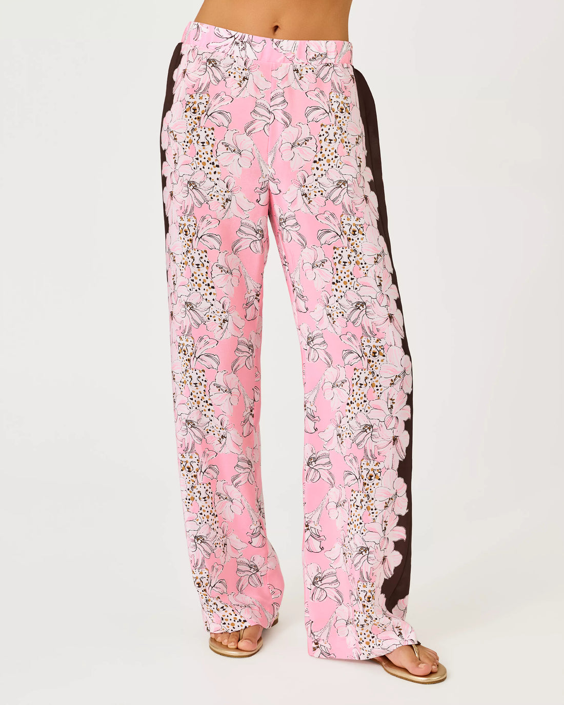 Lilly Pulitzer 32" Vianna Silk Palazzo Pant in Coco Beach Wildness Engineered Pant pink wide-leg pants with a floral print and dark brown side panels
