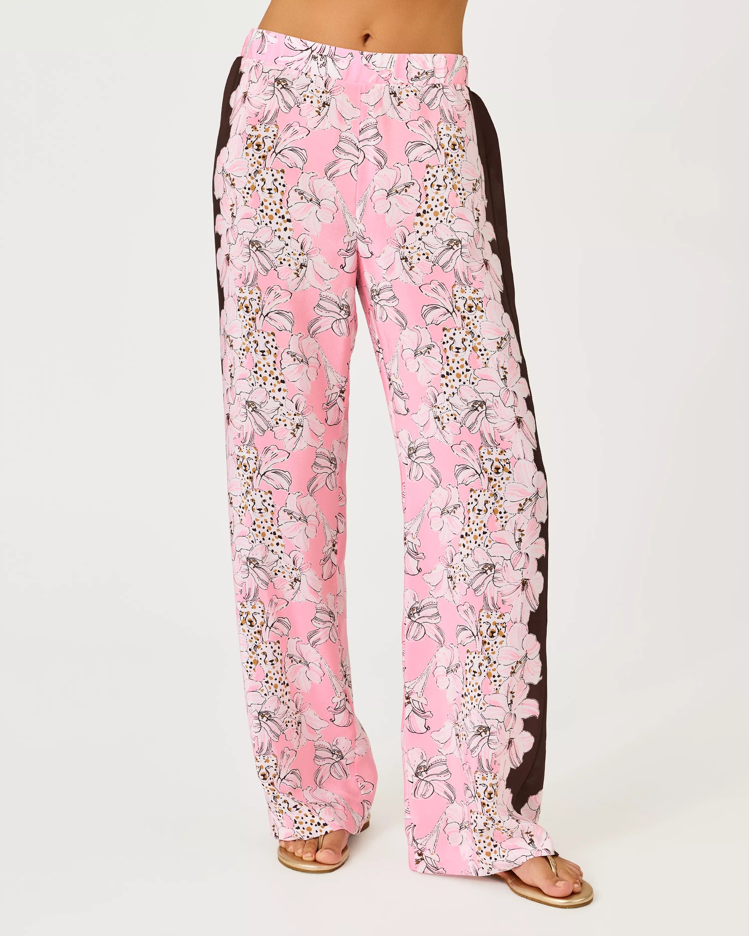 Lilly Pulitzer 32" Vianna Silk Palazzo Pant in Coco Beach Wildness Engineered Pant pink wide-leg pants with a floral print and dark brown side panels