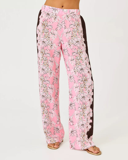 Lilly Pulitzer 32" Vianna Silk Palazzo Pant in Coco Beach Wildness Engineered Pant pink wide-leg pants with a floral print and dark brown side panels