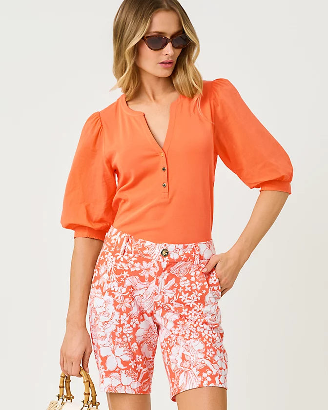 Lilly Pulitzer 9" Natia Knit Short in the color Sunset Orange Budding Romance