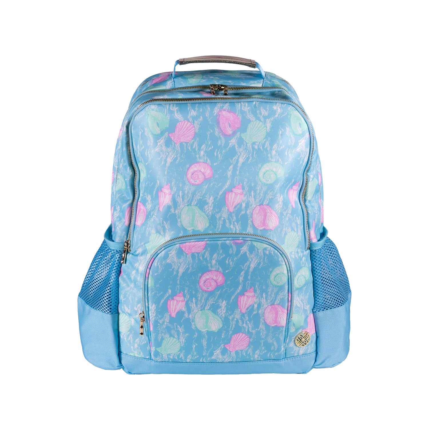 Lilly Pulitzer Book Bag in Capri Blue Shelden Blue backpack with pink and green shell pattern