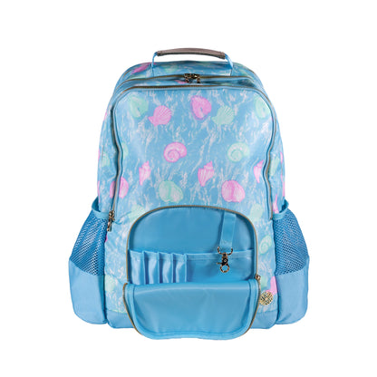 Lilly Pulitzer Book Bag in Capri Blue Shelden Blue backpack with pink and green shell pattern