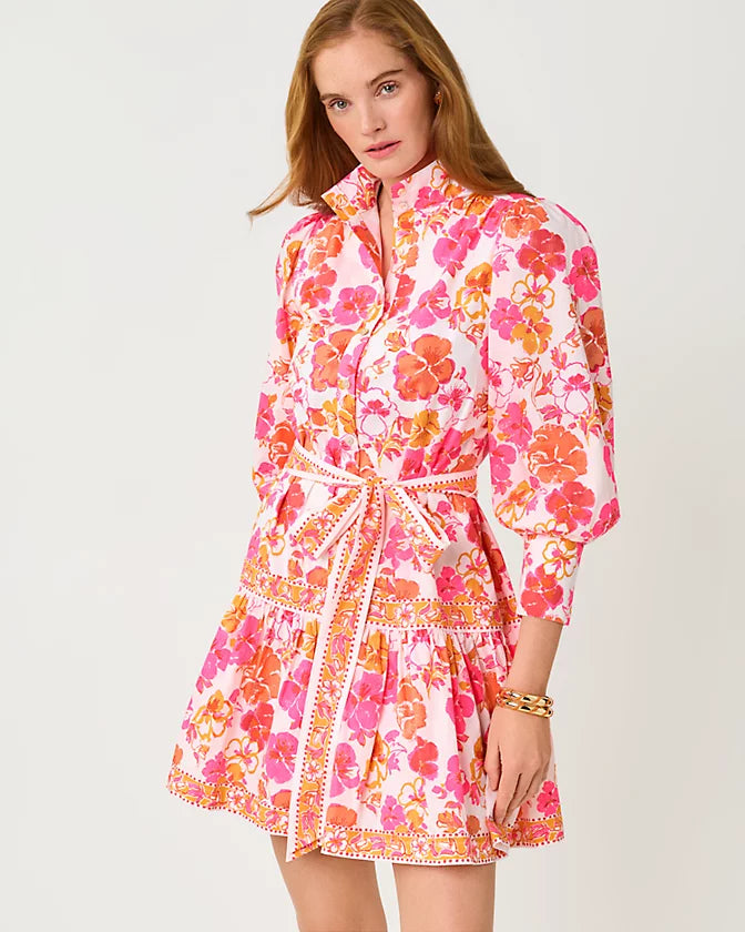 Lilly Pulitzer Drena Dress in the color Resort White Pansy Fansy Engineered Woven Dress