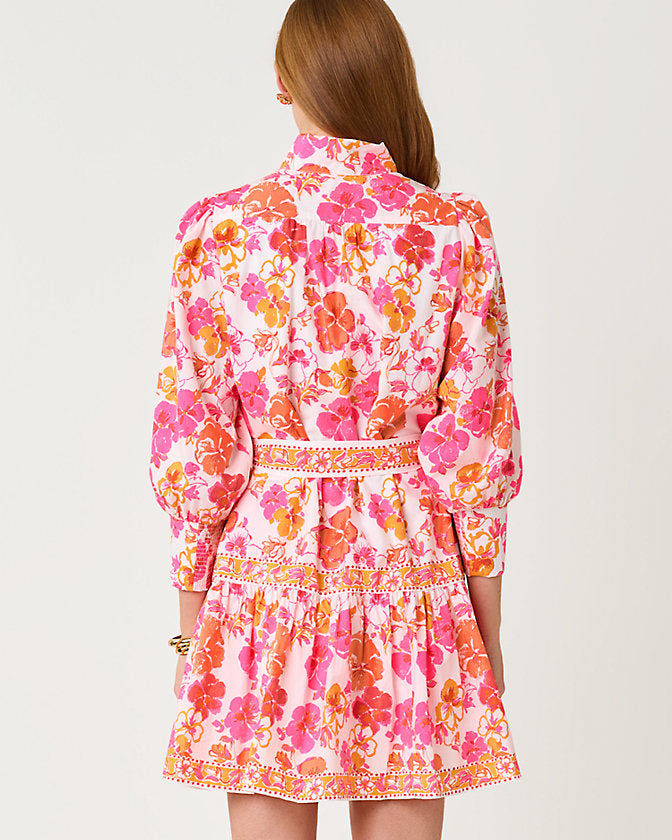Lilly Pulitzer Drena Dress in the color Resort White Pansy Fansy Engineered Woven Dress