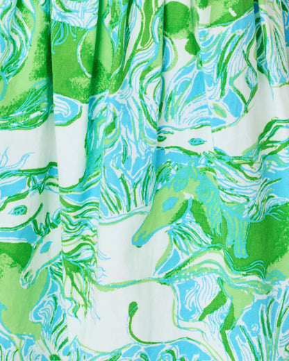  Lilly Pulitzer Girls Mini Cheri Dress Capri Blue Galloping Gals young girl wearing a floral dress