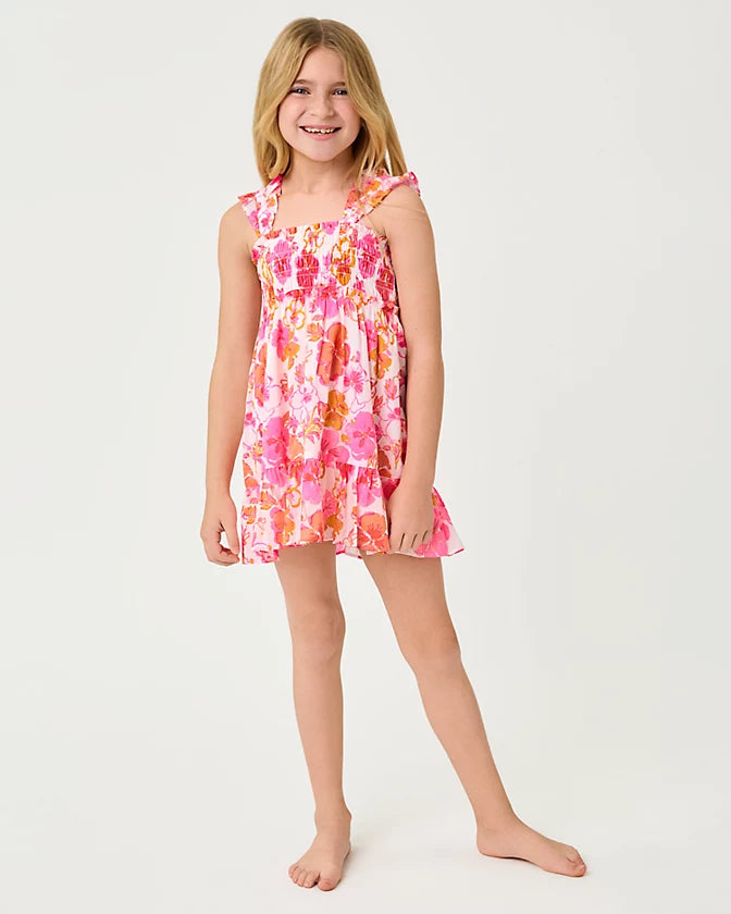 Lilly Pulitzer Girls Mini Hadly Dress in the color Resort White Pansy Fansy