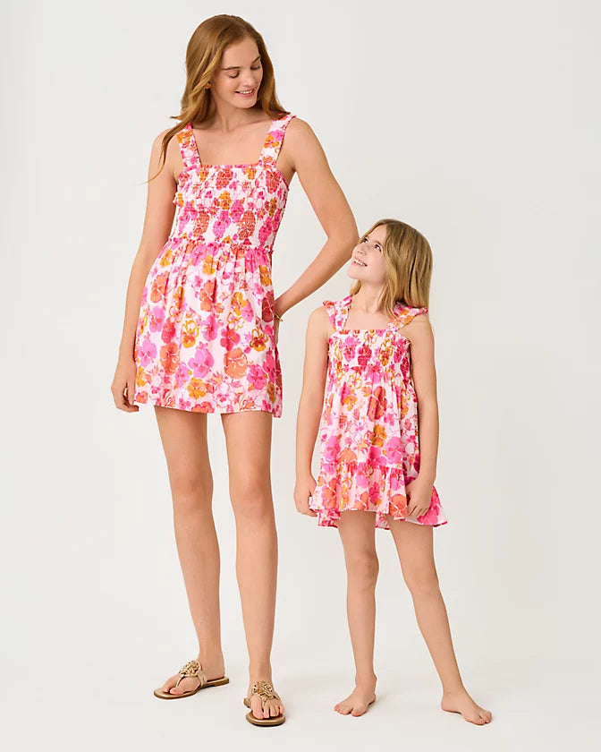 Lilly Pulitzer Girls Mini Hadly Dress in the color Resort White Pansy Fansy